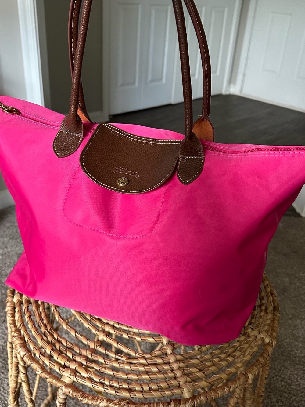 Longchamp Le Pliage Hot Pink Nylon Tote with Brown Leather Trim Large Travel Bag